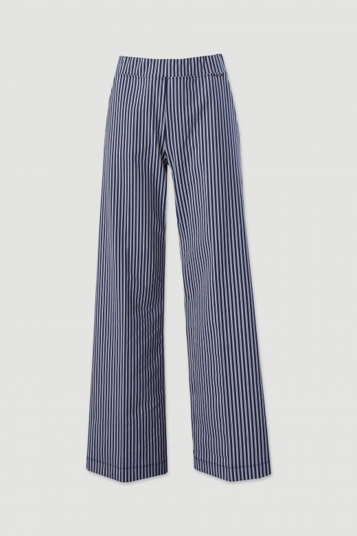 Cala wide leg em algodo com tecido de riscas