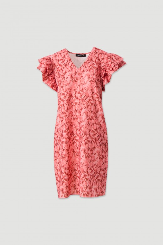 Vestido estampado com manga em folhos