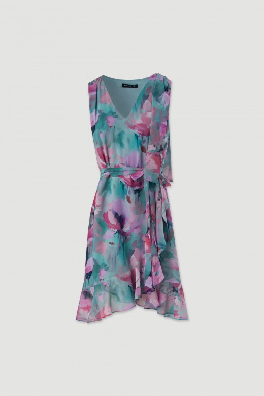 Vestido curto fluido com saia cruzada com padrão floral Vestido curto fluido com saia cruzada com padrão floral