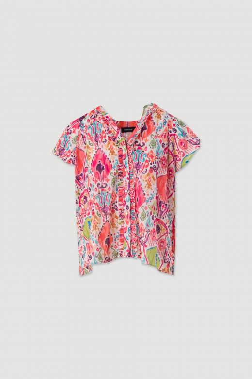 Printed blouse with ruffle detail at the front