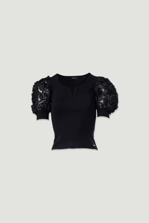 Knit sweater with short sleeves in textured tulle
