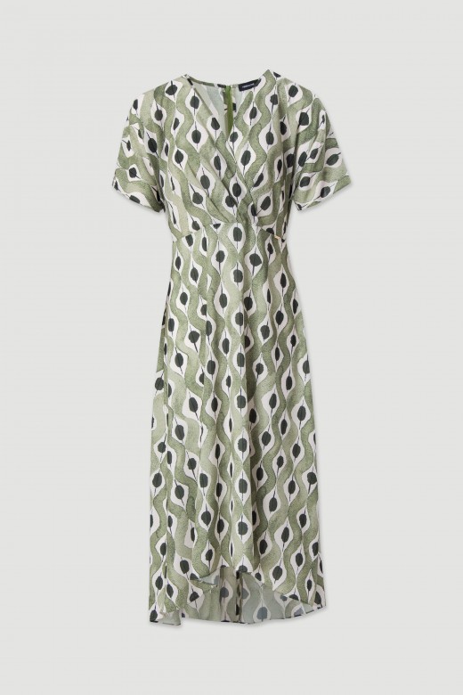 Vestido midi cintado assimtrico com padro
