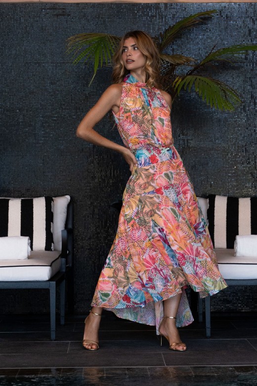 Vestido assimtrico cintado com padro