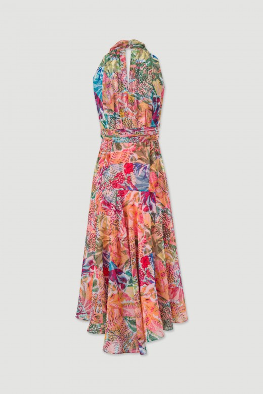 Vestido assimtrico cintado com padro