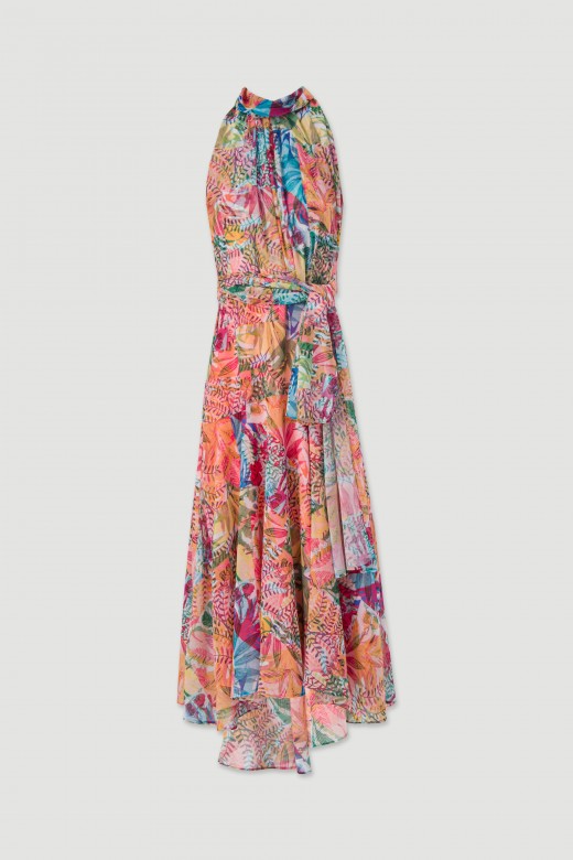 Vestido assimtrico cintado com padro