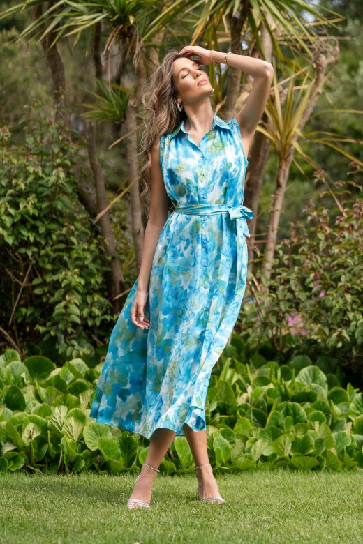 Fitted midi dress in printed satin fabric