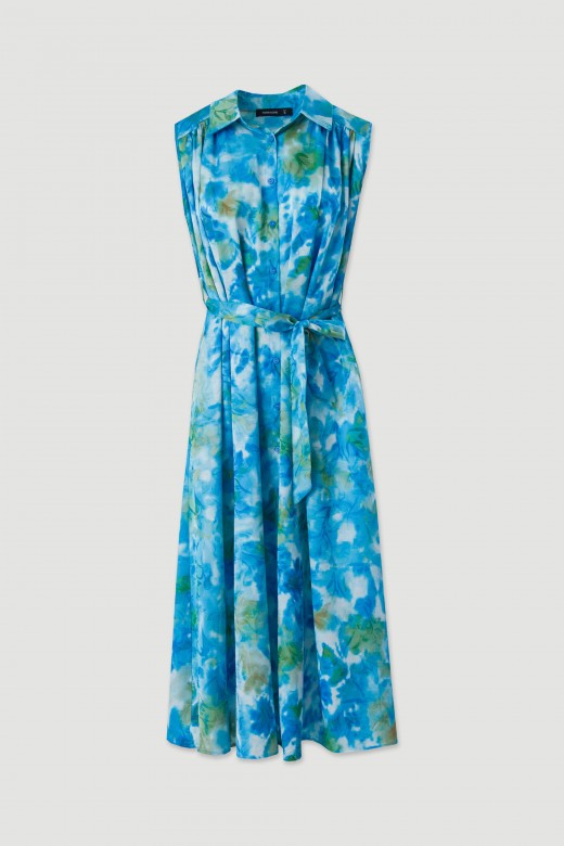 Fitted midi dress in printed satin fabric