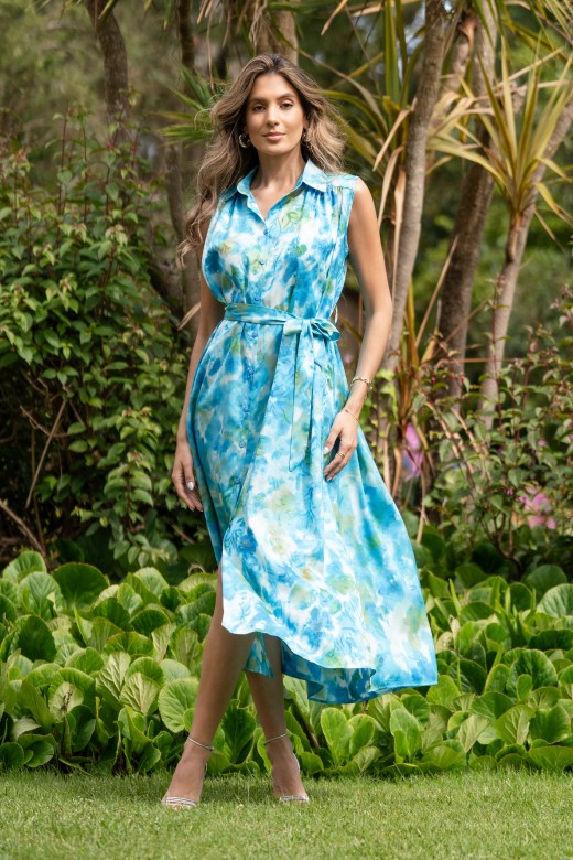Fitted midi dress in printed satin fabric