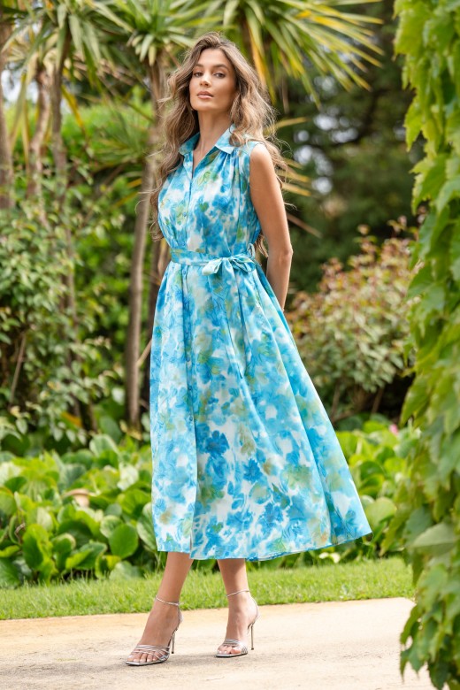 Fitted midi dress in printed satin fabric