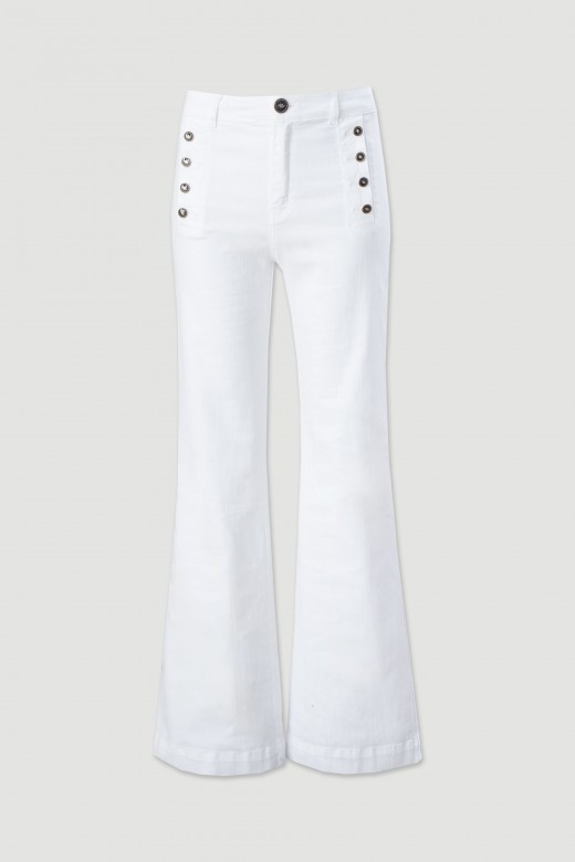 Mid-rise wide-leg cotton trousers with button detail