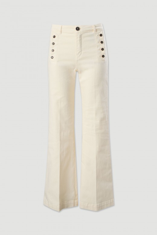 Pantalon large en coton taille mi-haute avec dtail de boutons