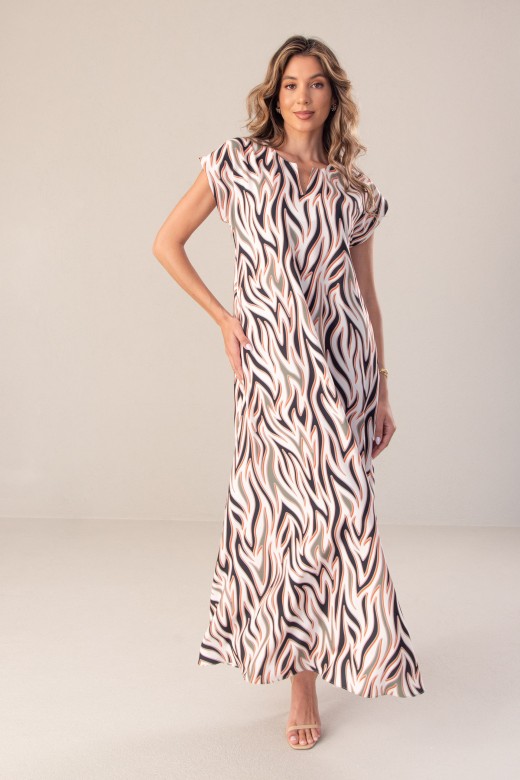 Long flowing printed dress with short sleeves