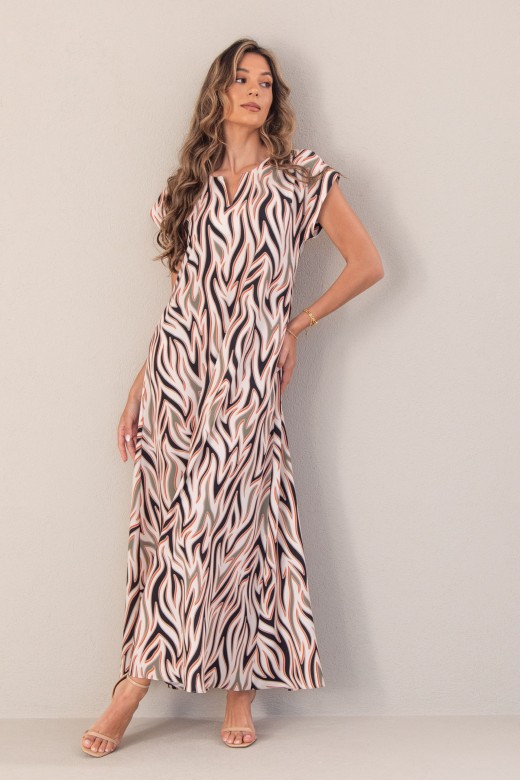 Long flowing printed dress with short sleeves