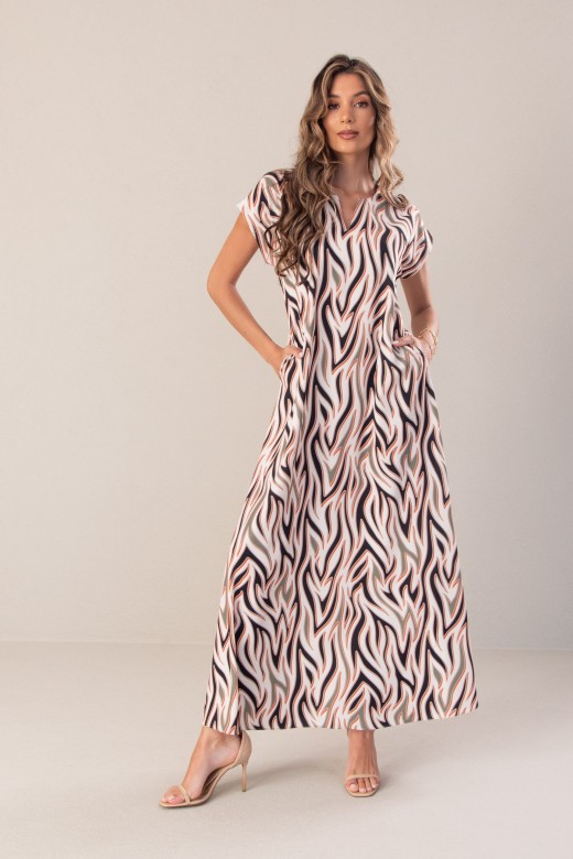 Long flowing printed dress with short sleeves