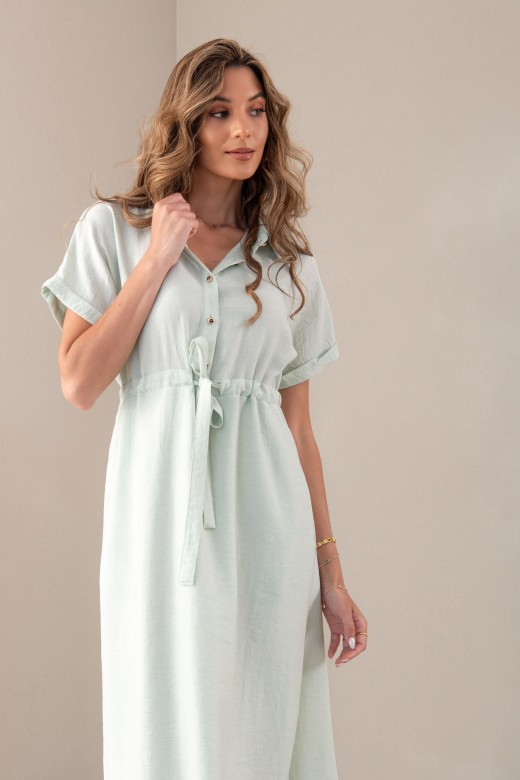 Vestido midi em mistura de linho com cintura ajustvel