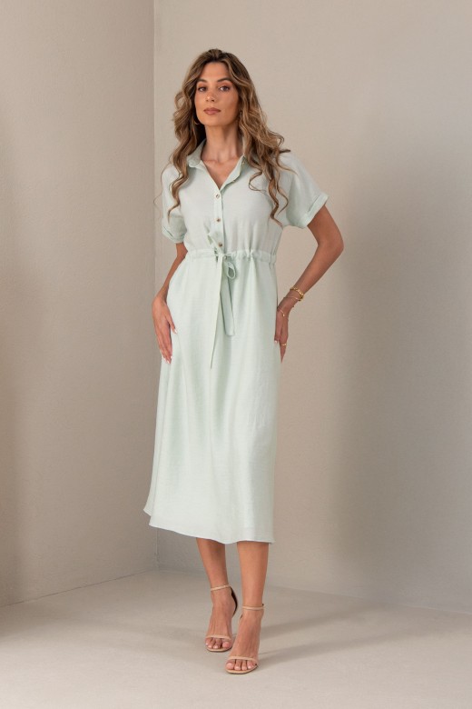 Vestido midi em mistura de linho com cintura ajustvel