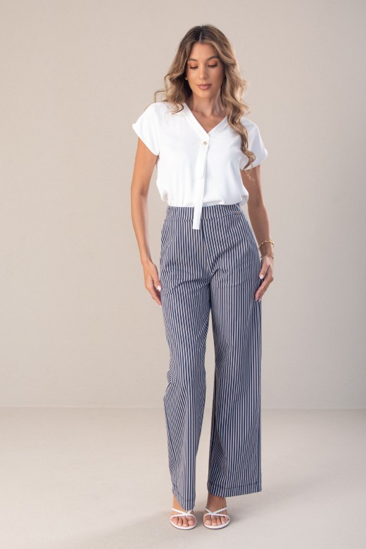Wide leg cotton pants with striped fabric