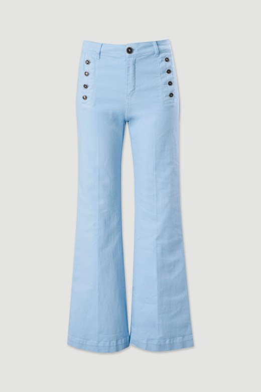 Calça wide leg em algodão de cintura média com detalhe de botões Calça wide leg em algodão de cintura média com detalhe de botões