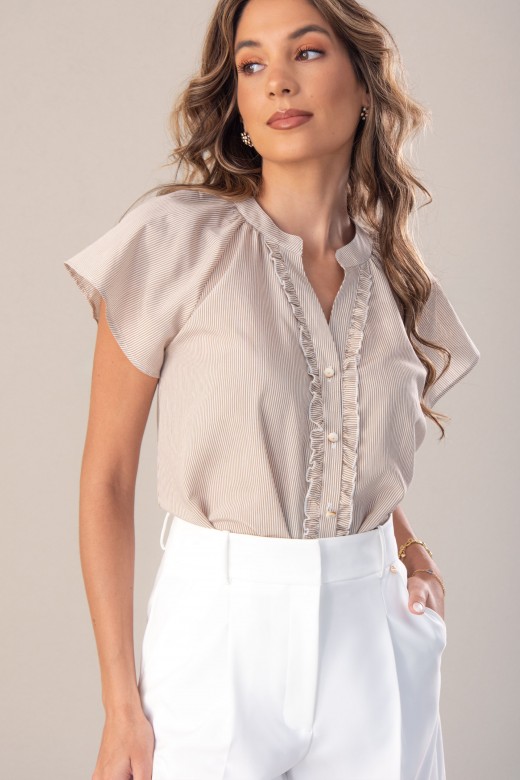 Striped fabric blouse with short sleeves