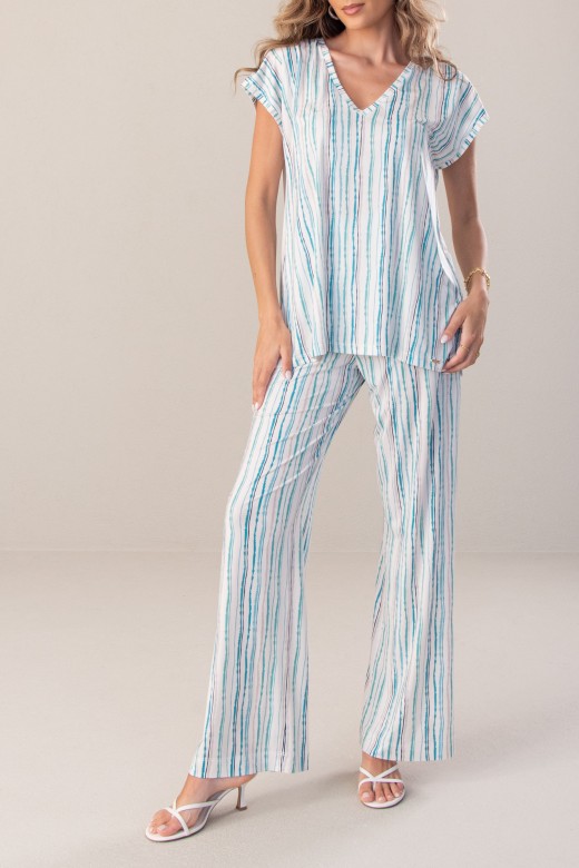 Pantalon wide leg en maille froide imprime avec ceinture lastique
