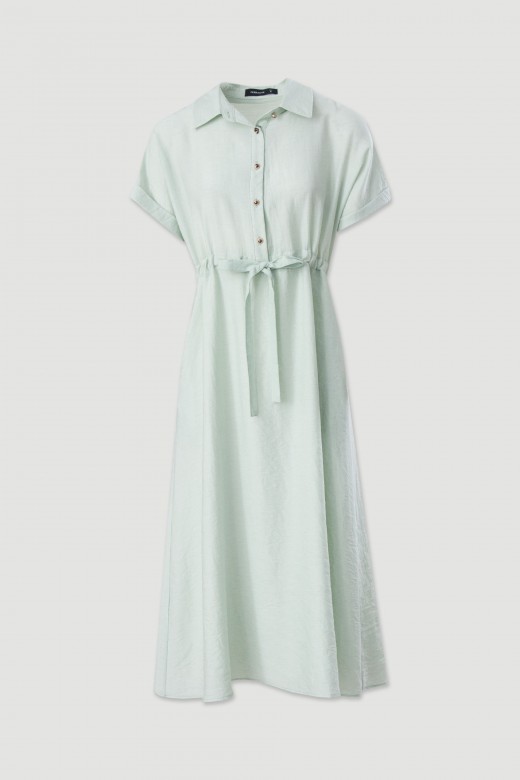 Vestido midi em mistura de linho com cintura ajustvel