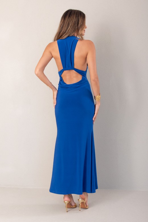 Vestido comprido com decote em v e abertura na costa