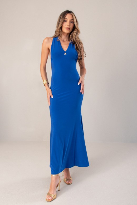 Vestido comprido com decote em v e abertura na costa