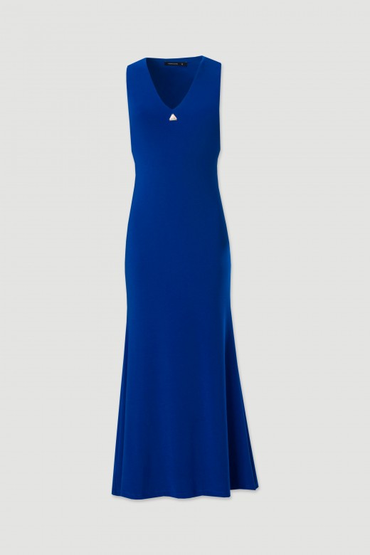 Vestido comprido com decote em v e abertura na costa
