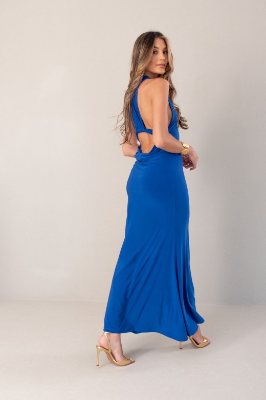 Vestido comprido com decote em v e abertura na costa