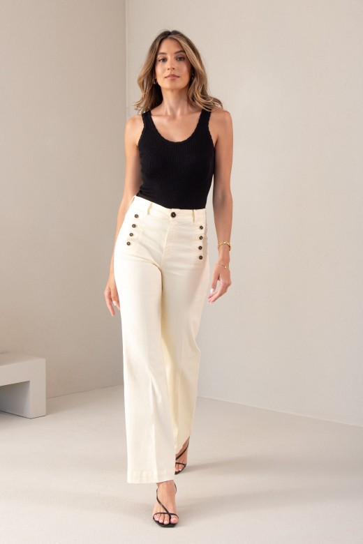 Pantalon large en coton taille mi-haute avec détail de boutons Pantalon large en coton taille mi-haute avec détail de boutons