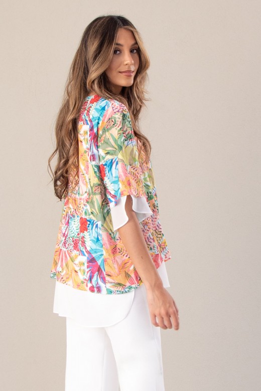Printed fluid tunic with double-layer detail