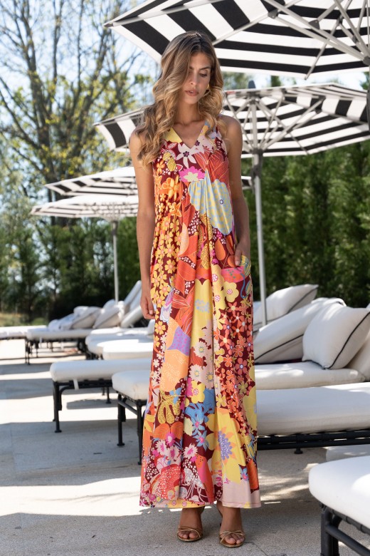 Long printed dress in cold-touch knit