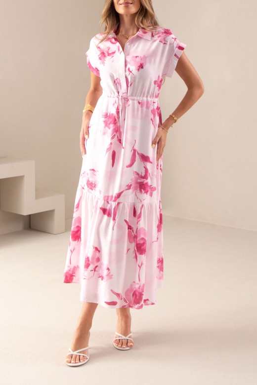 Vestido midi estampado com cintura ajustvel