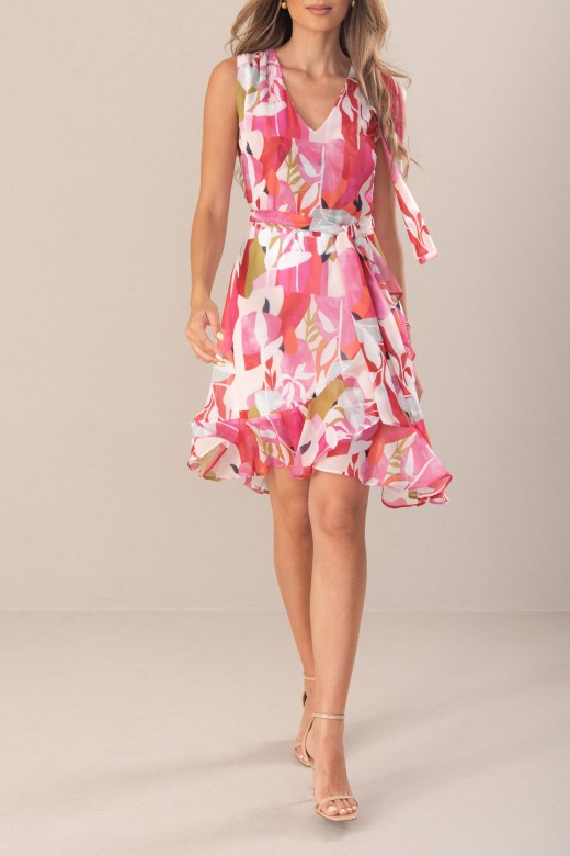 Vestido curto fluido com saia cruzada com padro floral