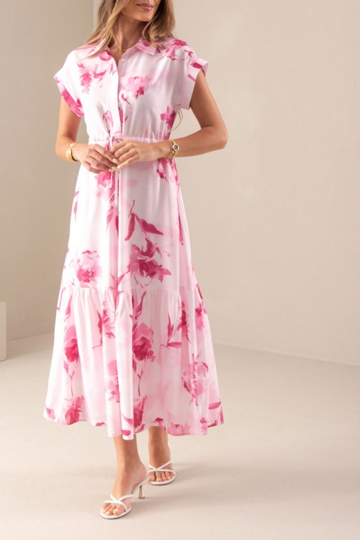 Vestido midi estampado com cintura ajustvel