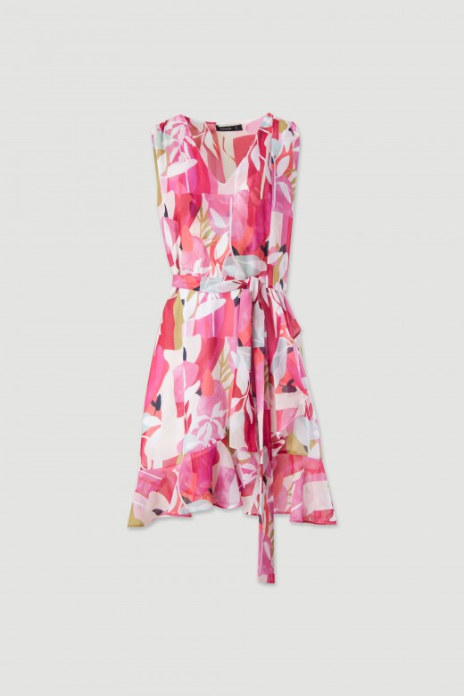 Vestido curto fluido com saia cruzada com padrão floral Vestido curto fluido com saia cruzada com padrão floral