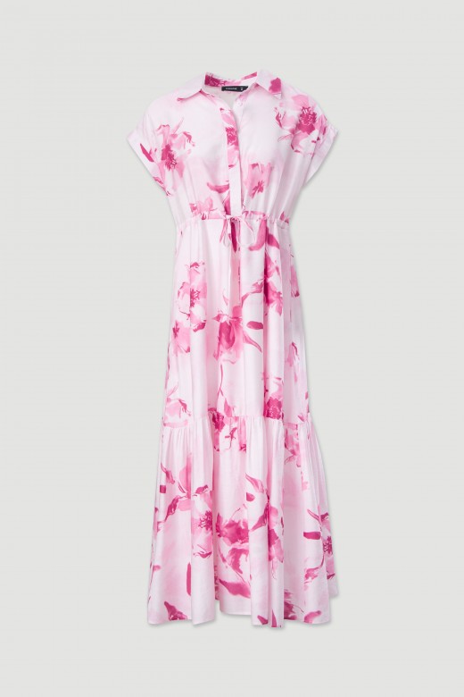 Vestido midi estampado com cintura ajustvel