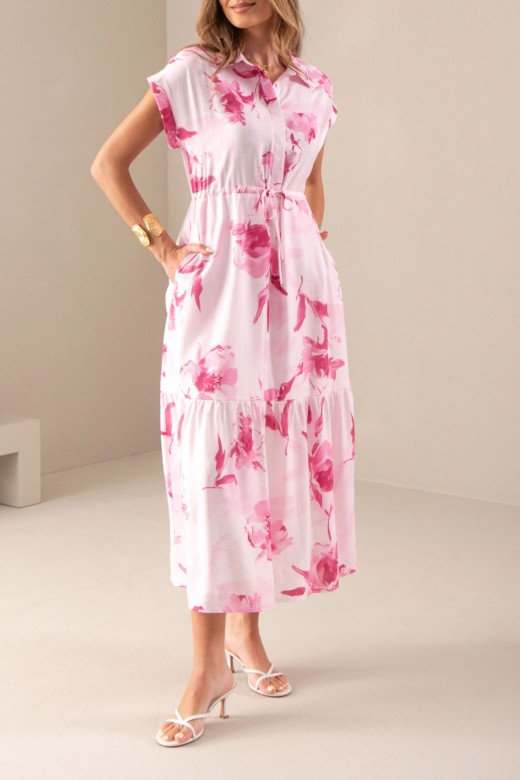 Vestido midi estampado com cintura ajustvel