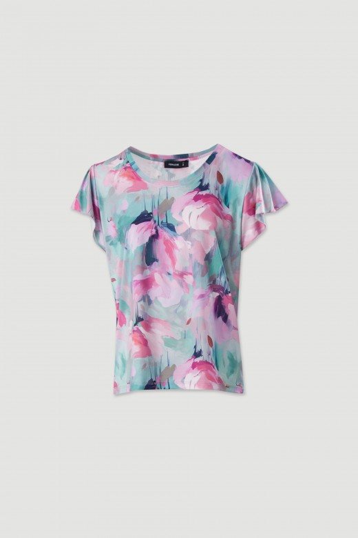 Top en maille imprime avec manches  volants