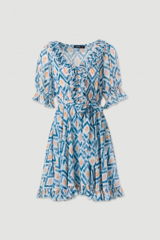 Short printed dress with ruching