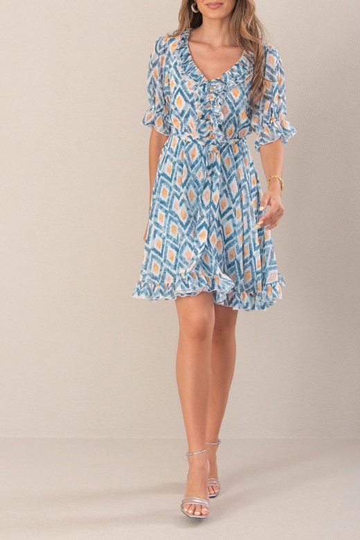 Short printed dress with ruching