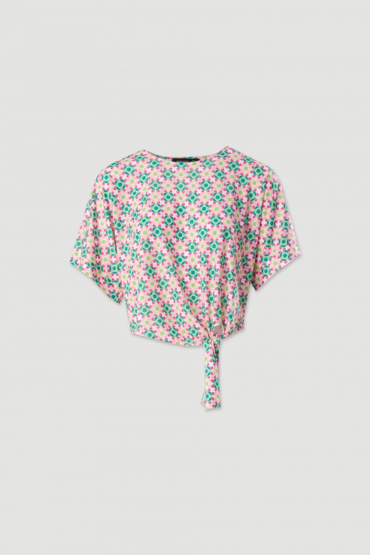 Short printed knit tunic with front tie