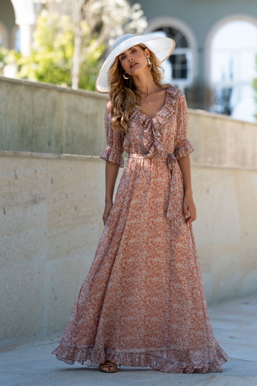 Robe longue imprimée avec fronces Robe longue imprimée avec fronces