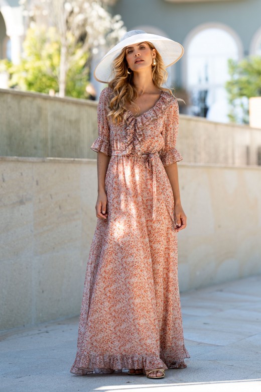 Long printed dress with gathered detail