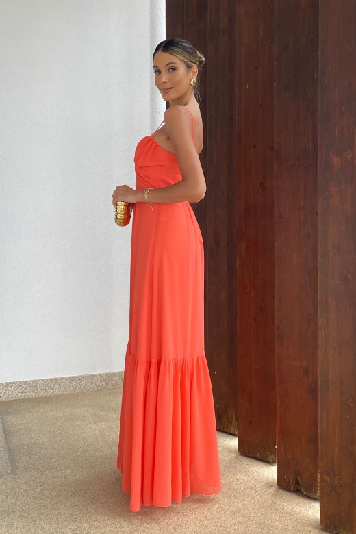 Long fluid dress with draped neckline