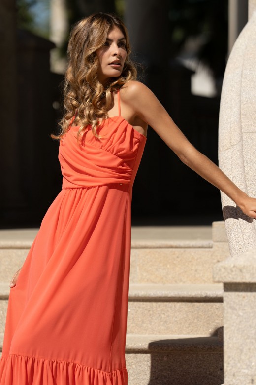 Long fluid dress with draped neckline Long fluid dress with draped neckline