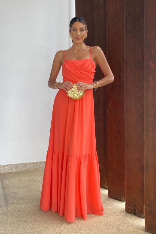Long fluid dress with draped neckline