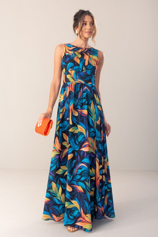 Vestido comprido fluido estampado com laada na costa
