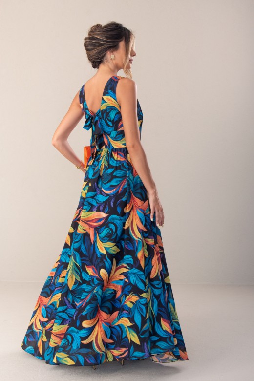 Long printed fluid dress with back tie