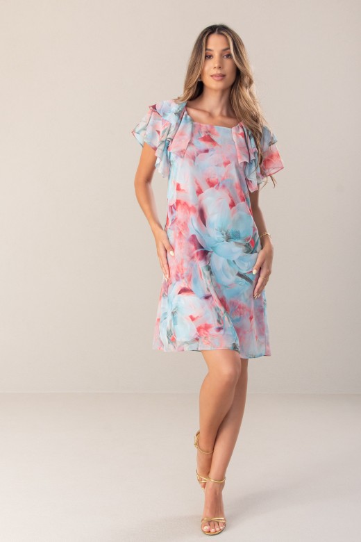 Short printed dress with square neckline